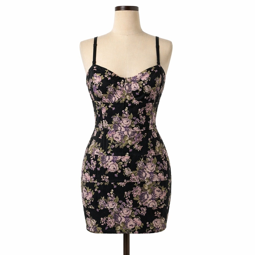 Floral Fairy Bodycon Mini Dress Size L Purple Sweetheart Neckline Romantic Y2K